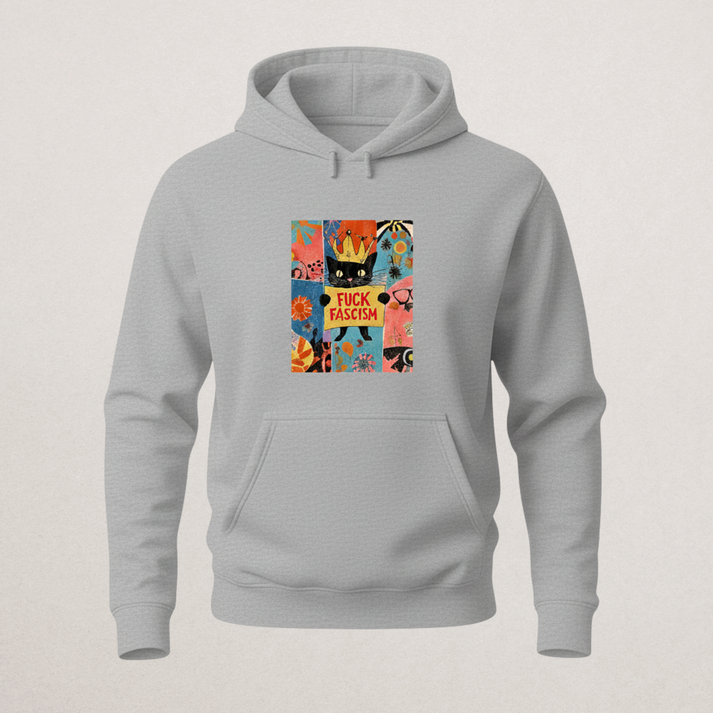 Fck Fascism" Retro Cat Hoodie | Anti-Fascist Political Statement Sweatshirt | Maximalist Art Merch
