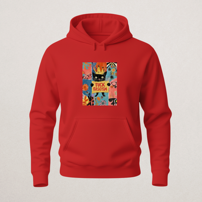 Fck Fascism" Retro Cat Hoodie | Anti-Fascist Political Statement Sweatshirt | Maximalist Art Merch
