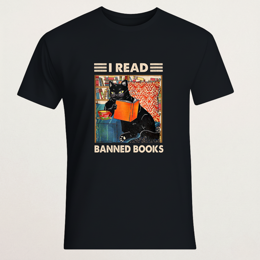 "I READ BANNED BOOKS" Cat T-Shirt | Anti-Censorship Literary Tee | Librarian & Book Lover Merch