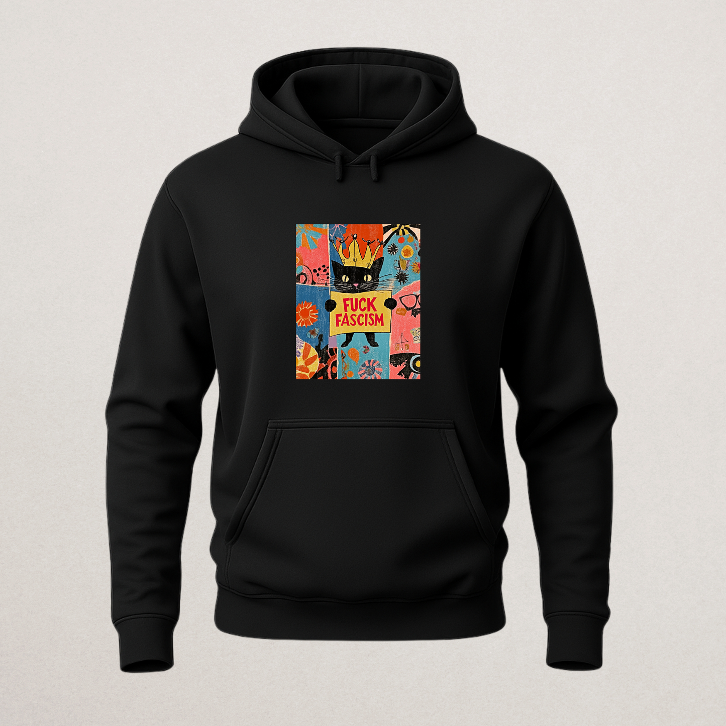 Fck Fascism" Retro Cat Hoodie | Anti-Fascist Political Statement Sweatshirt | Maximalist Art Merch