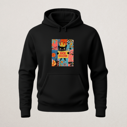 Fck Fascism" Retro Cat Hoodie | Anti-Fascist Political Statement Sweatshirt | Maximalist Art Merch