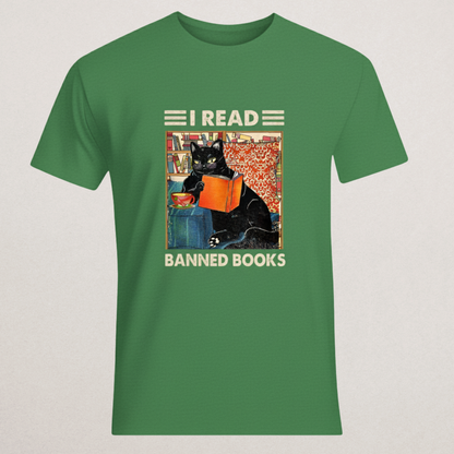 "I READ BANNED BOOKS" Cat T-Shirt | Anti-Censorship Literary Tee | Librarian & Book Lover Merch
