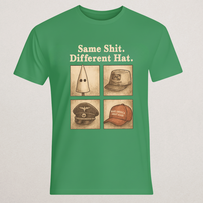 "Same Shit. Different Hat." Political Satire T-Shirt | Anti-MAGA Extremism Statement Tee | Historical Comparison Merch